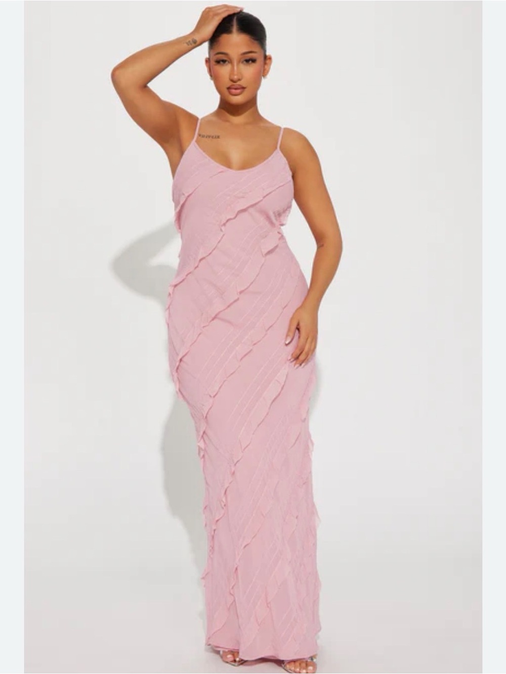 Fashion Nova Pink Ruffle-Detail Maxi Slip Dress
